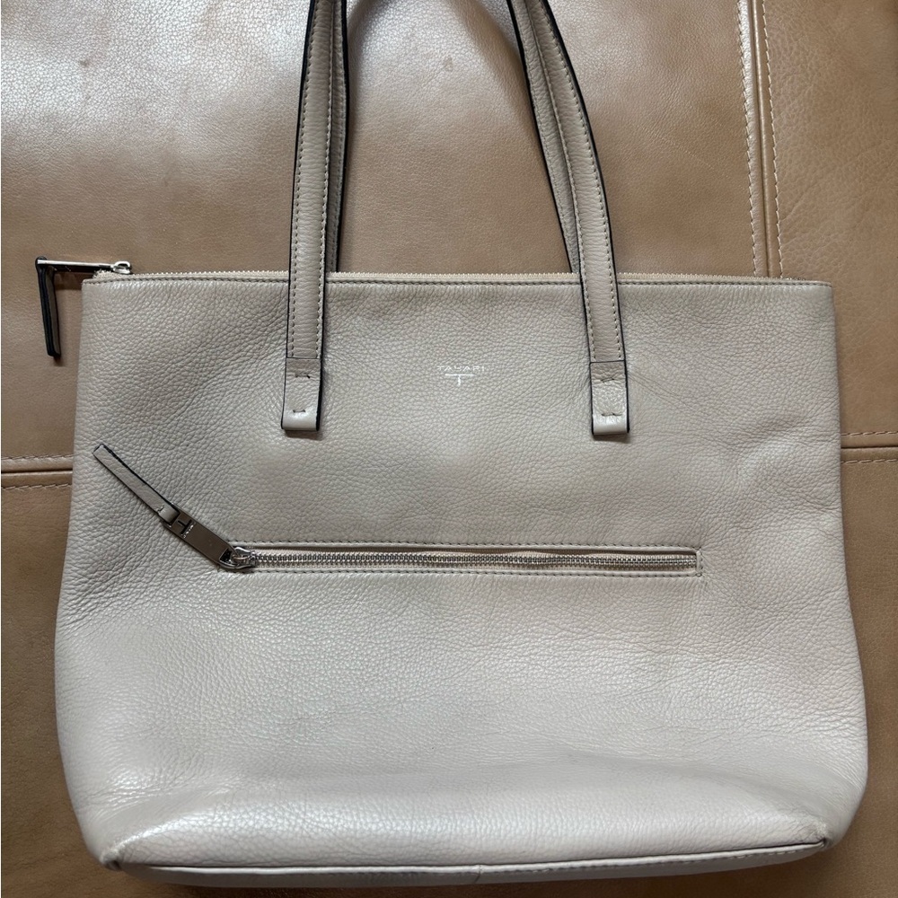Tahari Cream Leather Tote Bag